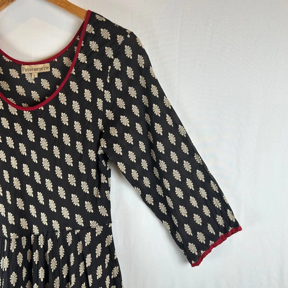 Passementrie Womens Black Sante Fe Tiered Midi Dress 3/4 Sleeve Small Boho - Picture 6 of 9